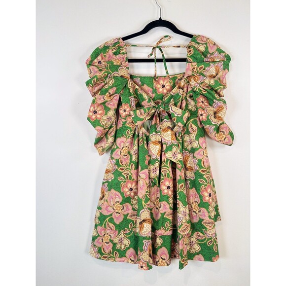 Misa Dress Green Kate Mini Ruched Puffed Floral Pintuck Tie Back A Line Boho XS - Picture 9 of 13